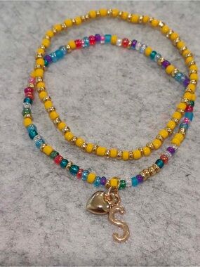 Yellow Multicolor Beaded Wrap Bracelet with Gold Initial Charm